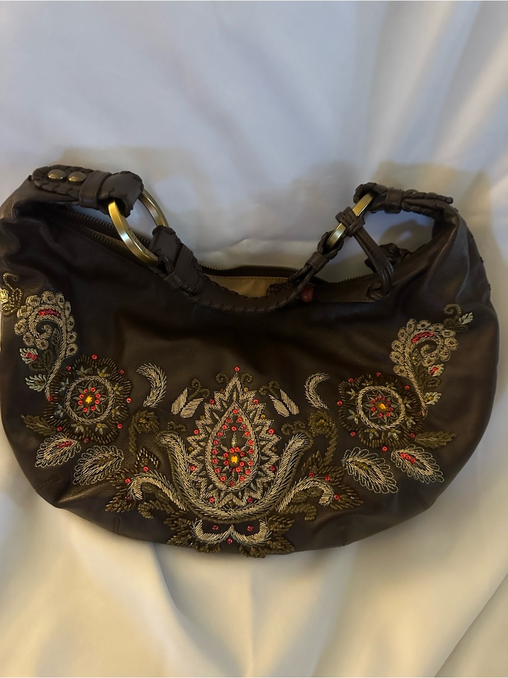 Isabella Fiore Brown Leather Shoulder Bag with Gold and Red Embroidery